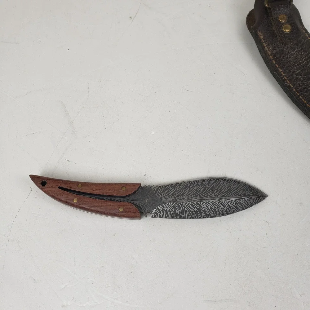 Custom Damascus Steel Feather Blade Hunting Knife Wood Handle Leather Sheath 8in